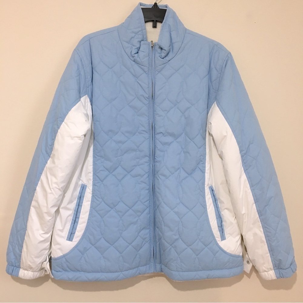 Free Country Women's Cloud Reversible blue white mid-length 2 in 1 Puffer Jacket